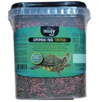 Bote de plástico transparente con 1500g de alimento Moly Supermenu para tortugas acuáticas y galápagos