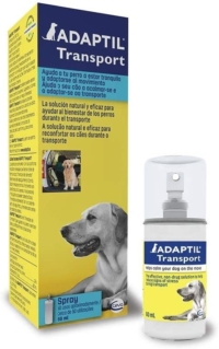 Spray tranquilizador Adaptil 60ml para perros en su caja amarilla y envase de plástico con atomizador