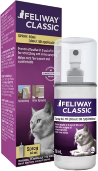 Spray Feliway Classic de 60ml para gatos en su caja morada, solución eficaz contra el estrés, arañazos y marcaje urinario