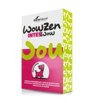 Caja de Wowzen Inteswow, suplemento digestivo para perros con extracto de salicaria y probióticos en envase blanco y rosa