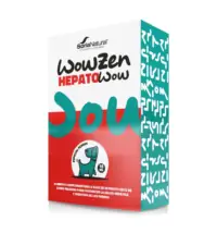 Caja blanca y roja del suplemento SoriaNatural Wowzen Hepatowow para perros, formulado con extracto de cardo mariano para la salud hepática y digestiva, con ilustración de un perro y la indicación de 10 kg.