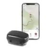 DogTrace GPS MINI con app de seguimiento para perros Localizador GPS DogTrace MINI negro para perros, con app móvil mostrando seguimiento en mapa y estado de batería.