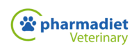 Logotipo oficial de Pharmadiet Veterinary con letras azules y verdes y una huella de mascota